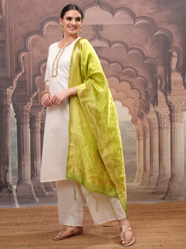 Vishudh Women Cream Embroidered Kurta With Palazzos And Dupatta