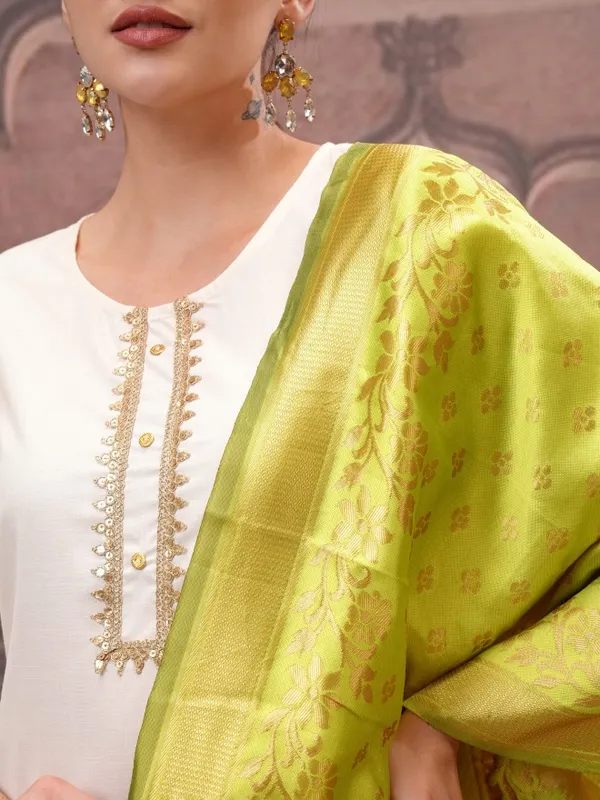 Vishudh Women Cream Embroidered Kurta With Palazzos And Dupatta
