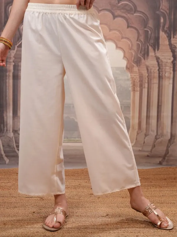 Vishudh Women Cream Embroidered Kurta With Palazzos And Dupatta