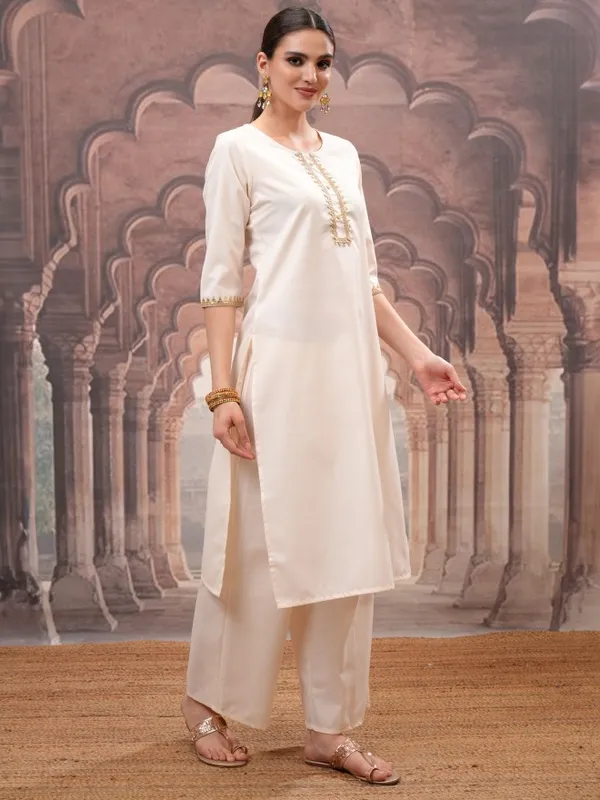 Vishudh Women Cream Embroidered Kurta With Palazzo And Dupatta