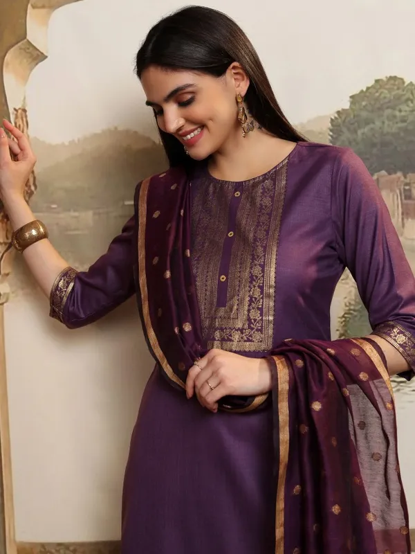 Vishudh Women Purple Solid Kurta With Palazzos And Dupatta