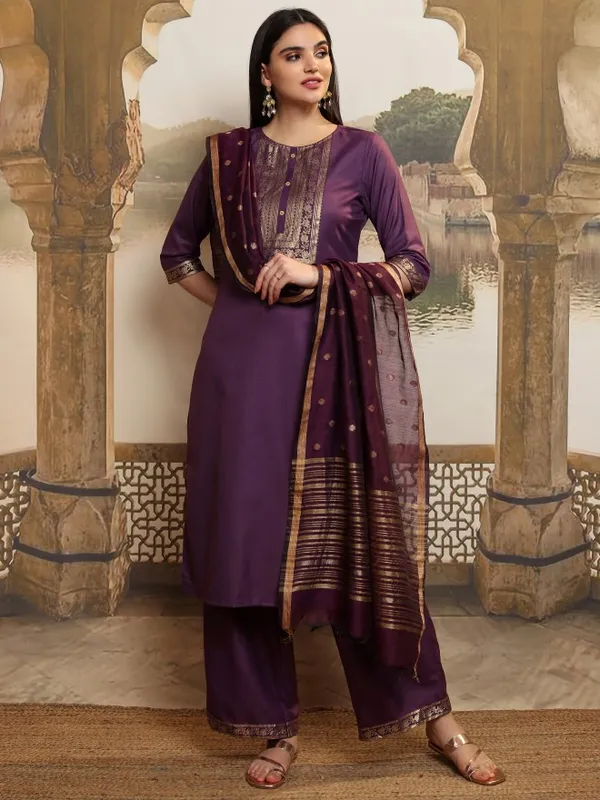 Vishudh Women Purple Solid Kurta With Palazzos And Dupatta