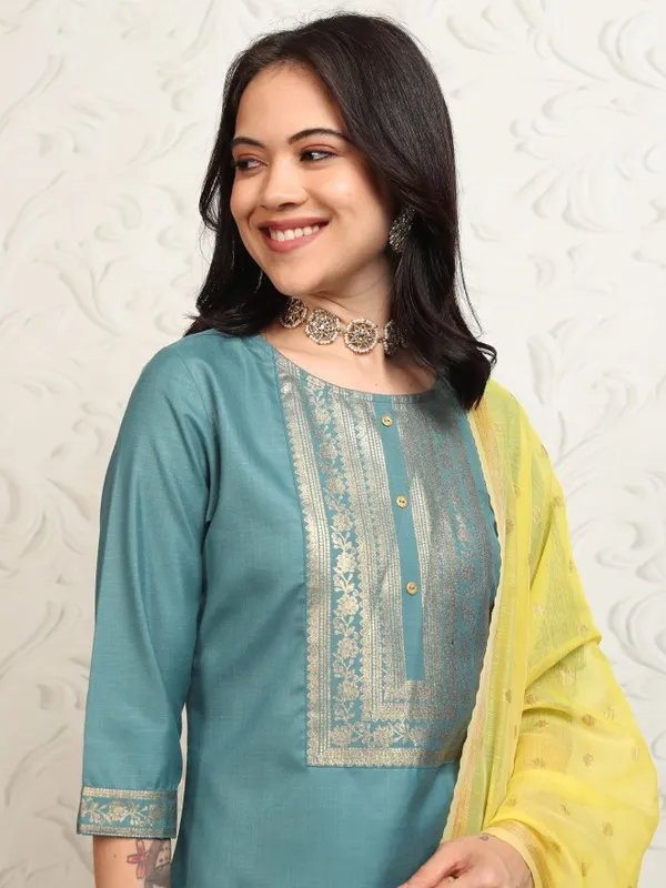 Vishudh Women Teal Printed Kurta With Palazzos And Dupatta