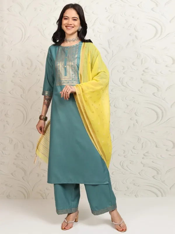 Vishudh Women Teal Printed Kurta With Palazzos And Dupatta