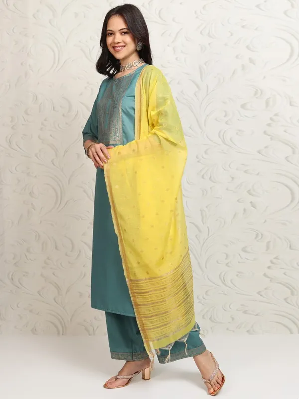 Vishudh Women Teal Printed Kurta With Palazzos And Dupatta