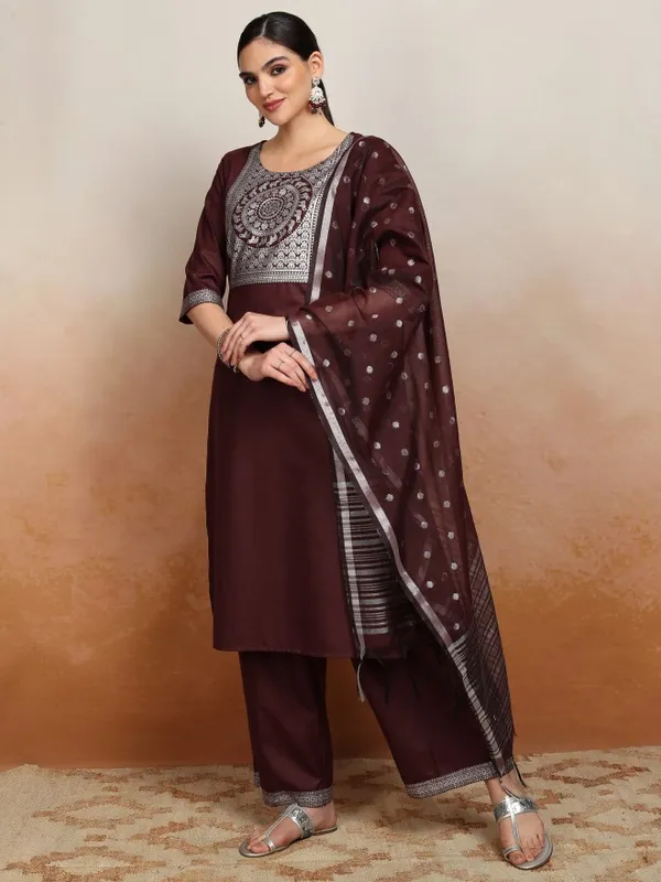 Vishudh Women Burgundy Embroidered Kurta With Palazzos And Dupatta