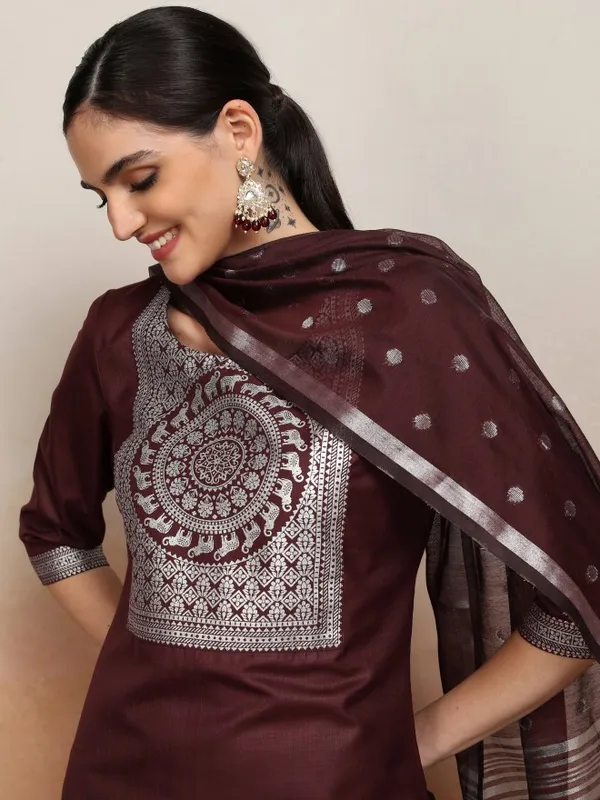 Vishudh Women Burgundy Embroidered Kurta With Palazzos And Dupatta