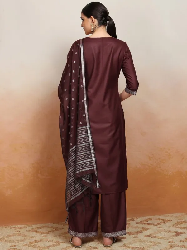 Vishudh Women Burgundy Embroidered Kurta With Palazzos And Dupatta