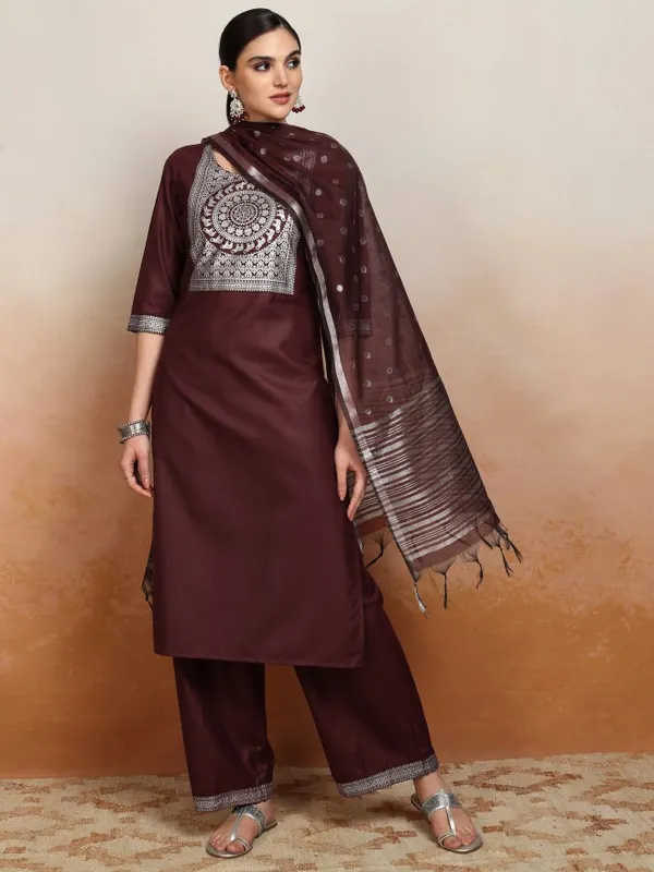 Vishudh Women Burgundy Embroidered Kurta With Palazzos And Dupatta