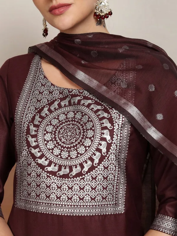 Vishudh Women Burgundy Embroidered Kurta With Palazzos And Dupatta