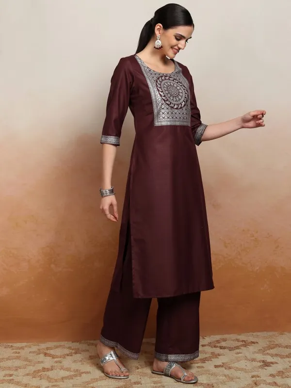 Vishudh Women Burgundy Embroidered Kurta With Palazzos And Dupatta