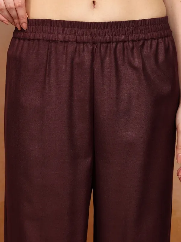 Vishudh Women Burgundy Embroidered Kurta With Palazzos And Dupatta