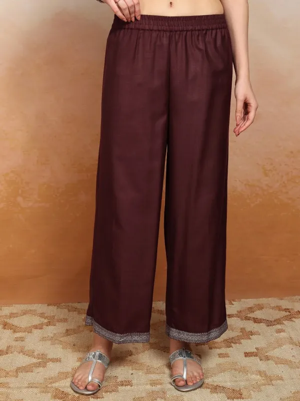 Vishudh Women Burgundy Embroidered Kurta With Palazzos And Dupatta
