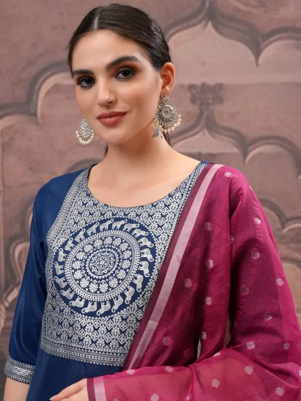 Vishudh Women Navy Blue Printed Kurta With Palazzos And Dupatta