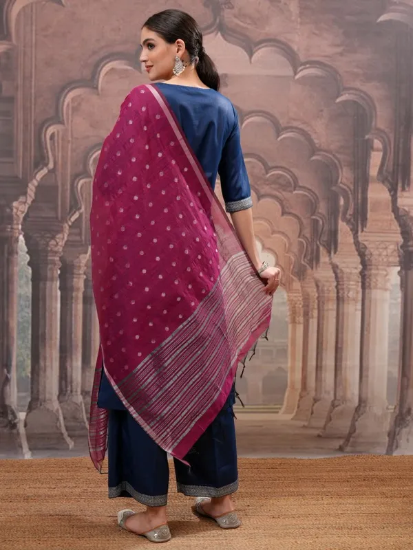 Vishudh Women Navy Blue Printed Kurta With Palazzos And Dupatta