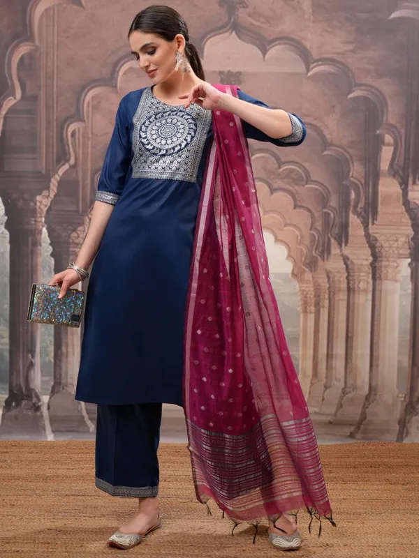 Vishudh Women Navy Blue Printed Kurta With Palazzos And Dupatta