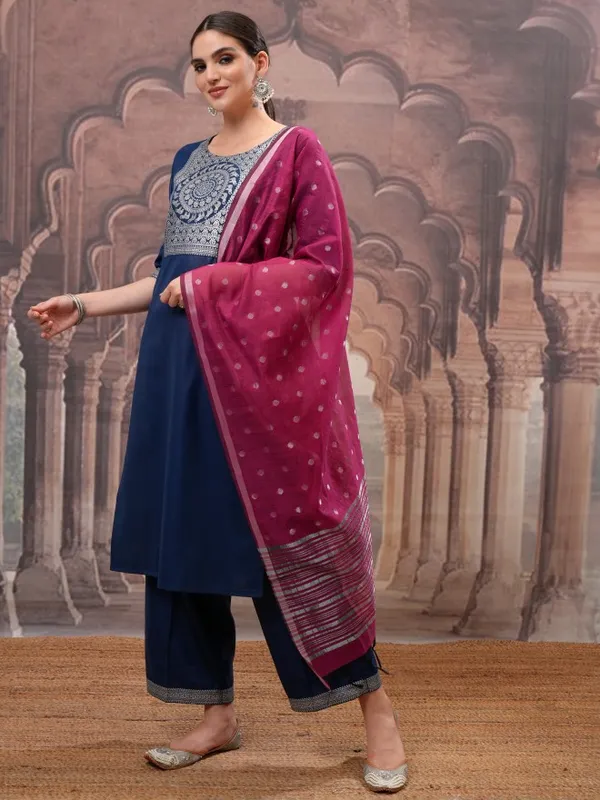 Vishudh Women Navy Blue Printed Kurta With Palazzos And Dupatta