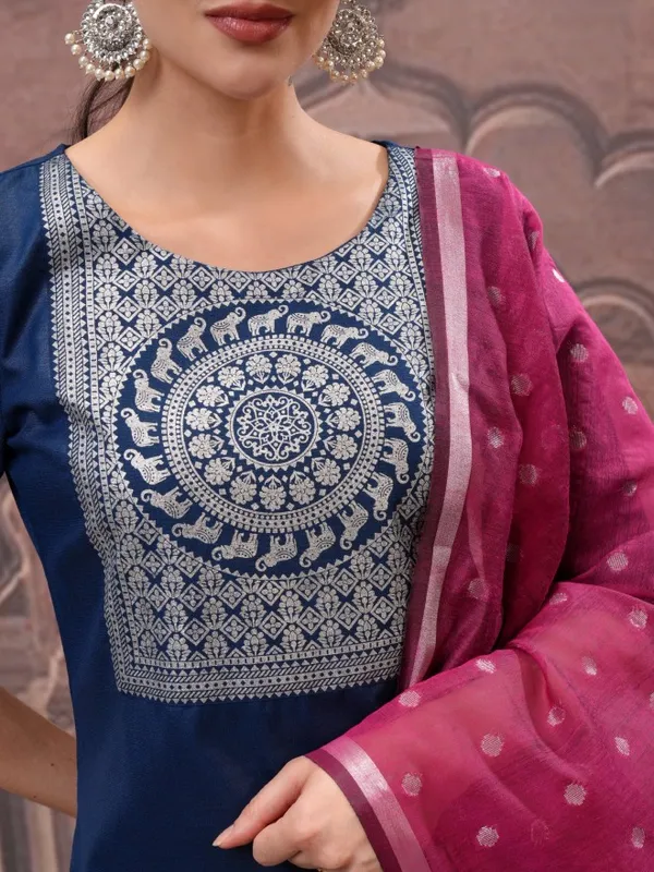 Vishudh Women Navy Blue Printed Kurta With Palazzos And Dupatta
