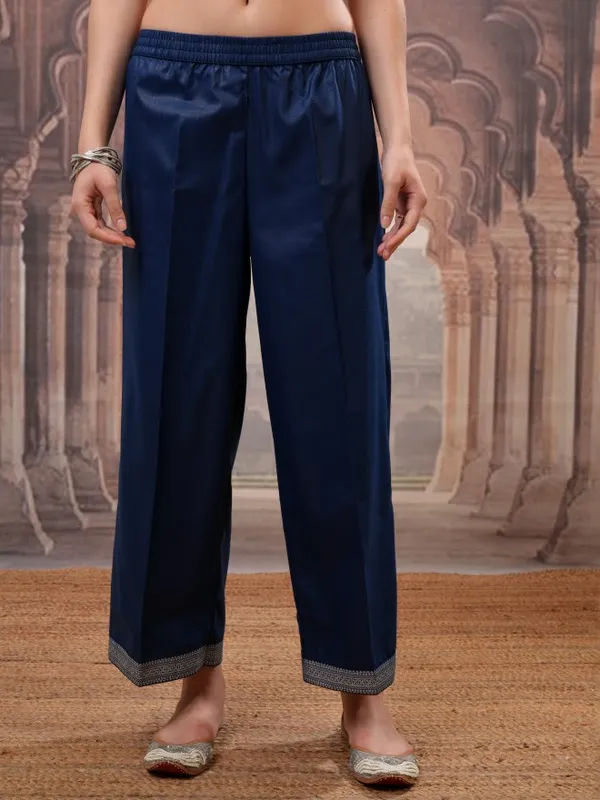 Vishudh Women Navy Blue Printed Kurta With Palazzos And Dupatta