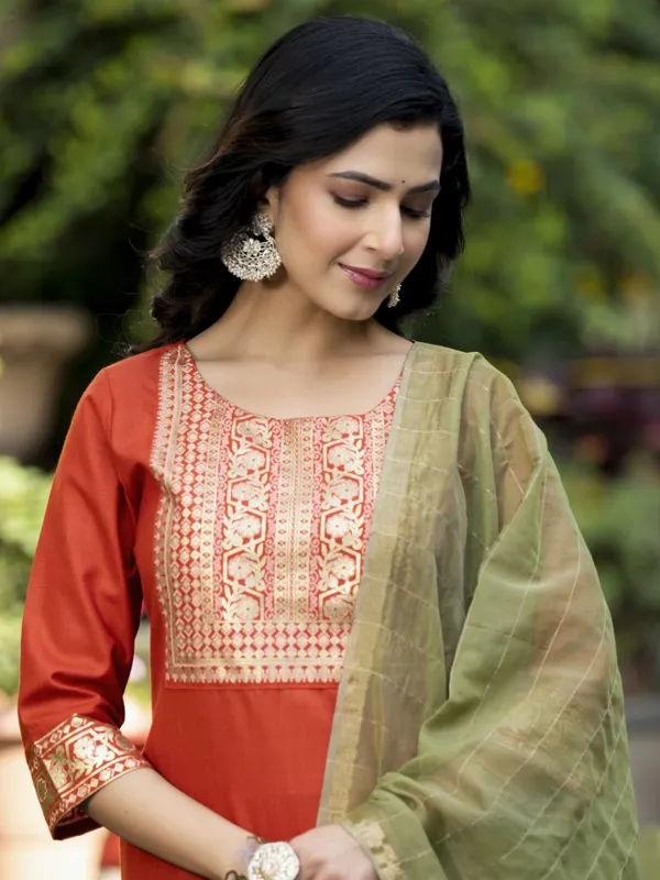 Vishudh Women Terracotta Printed Kurta With Palazzos And Dupatta