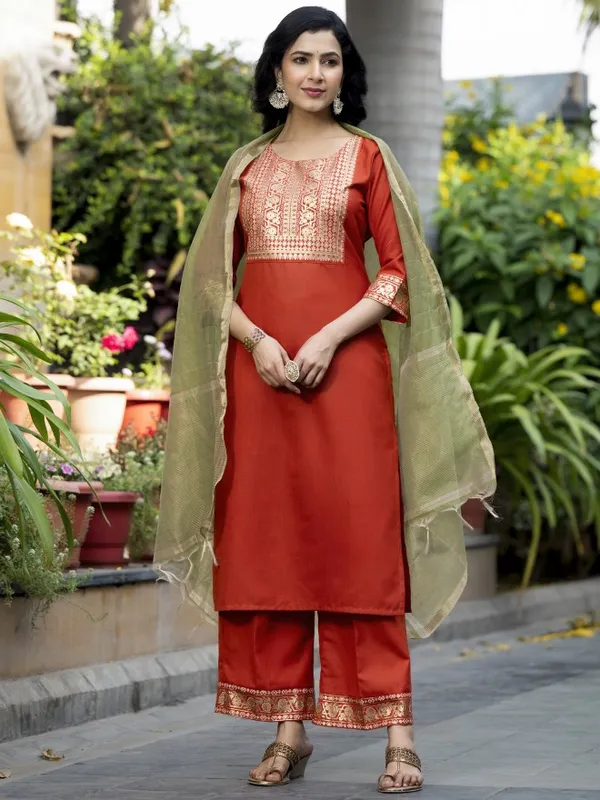 Vishudh Women Terracotta Printed Kurta With Palazzos And Dupatta