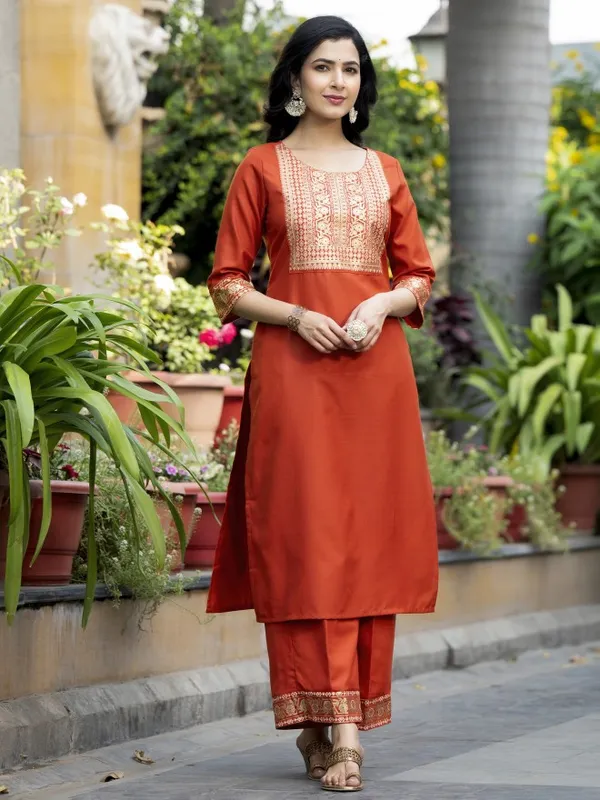 Vishudh Women Terracotta Printed Kurta With Palazzos And Dupatta