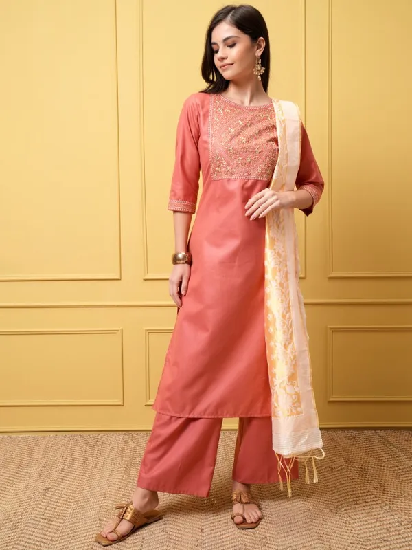 Vishudh Women Coral Kurta With Palazzos And Dupatta