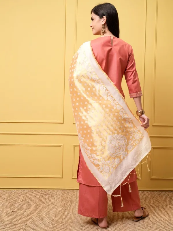 Vishudh Women Coral Kurta With Palazzos And Dupatta