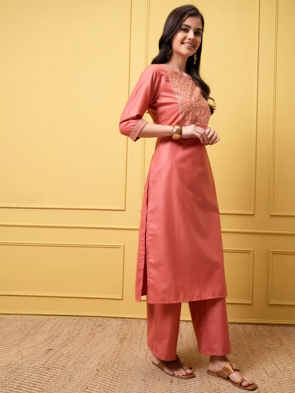 Vishudh Women Coral Kurta With Palazzos And Dupatta