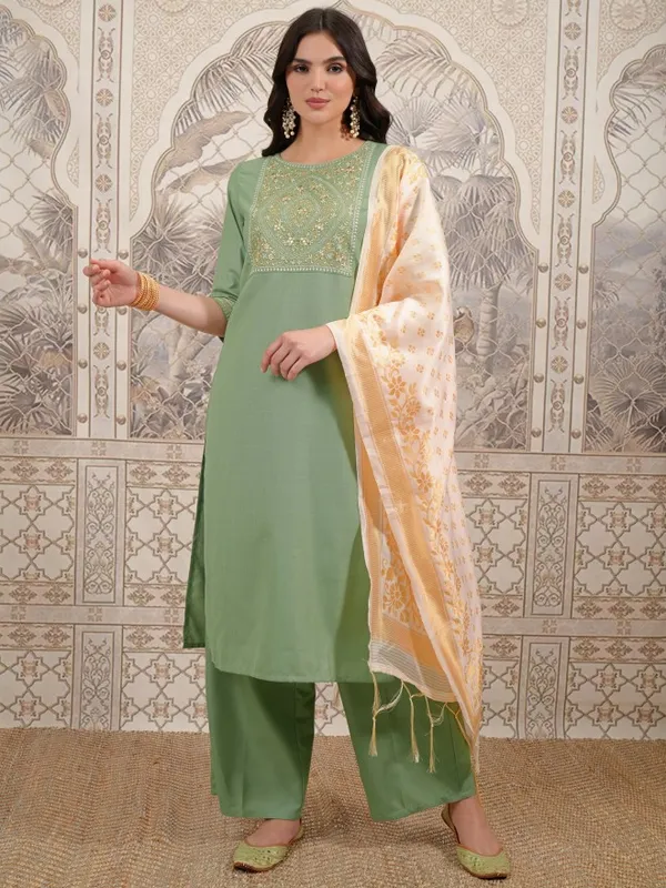 Vishudh Women Green Embroidered Kurta With Palazzo And Dupatta