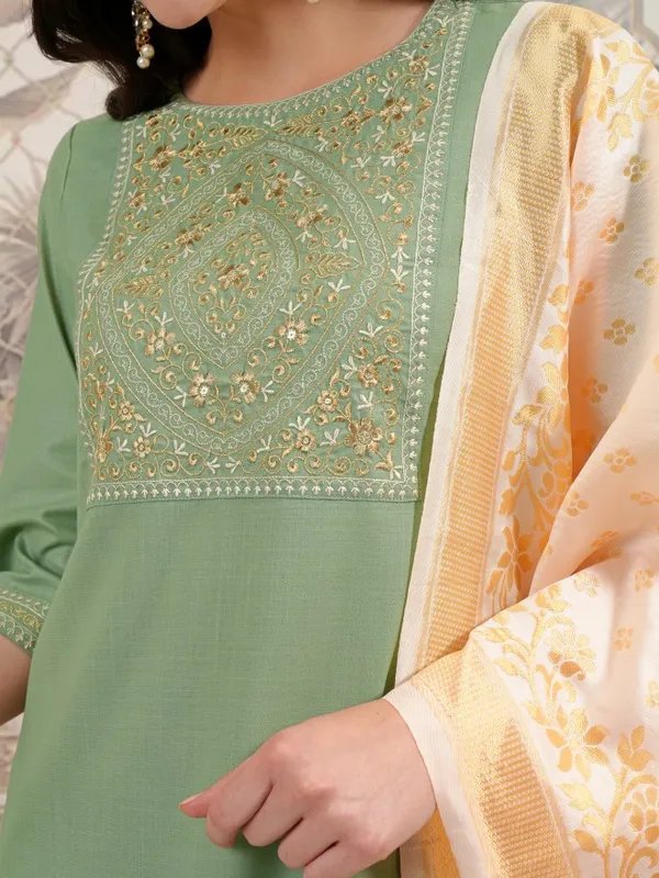 Vishudh Women Green Embroidered Kurta With Palazzo And Dupatta