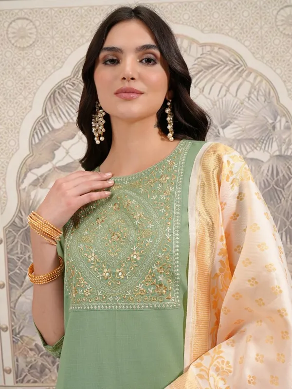 Vishudh Women Green Embroidered Kurta With Palazzo And Dupatta