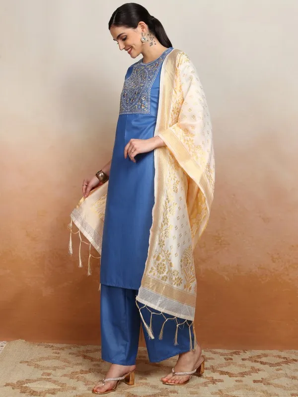 Vishudh Women Blue Embroidered Kurta With Palazzos And Dupatta