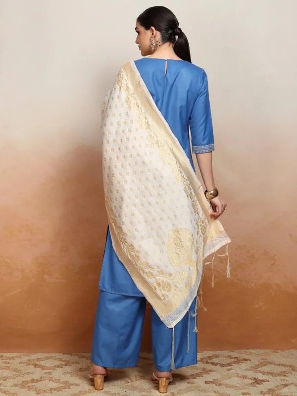 Vishudh Women Blue Embroidered Kurta With Palazzos And Dupatta