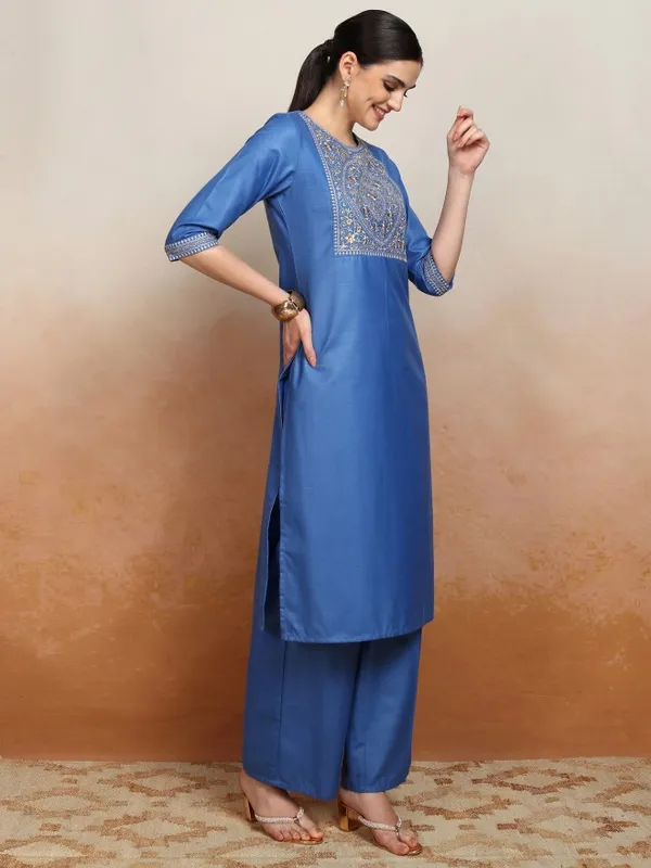 Vishudh Women Blue Embroidered Kurta With Palazzos And Dupatta