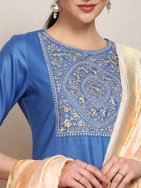 Vishudh Women Blue Embroidered Kurta With Palazzos And Dupatta
