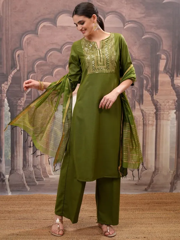 Vishudh Women Olive Embroidered Kurta With Palazzos And Dupatta
