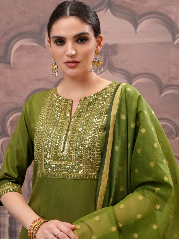 Vishudh Women Olive Embroidered Kurta With Palazzos And Dupatta