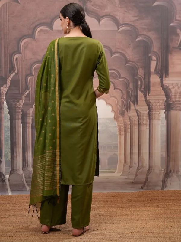 Vishudh Women Olive Embroidered Kurta With Palazzos And Dupatta