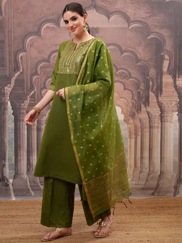 Vishudh Women Olive Embroidered Kurta With Palazzos And Dupatta
