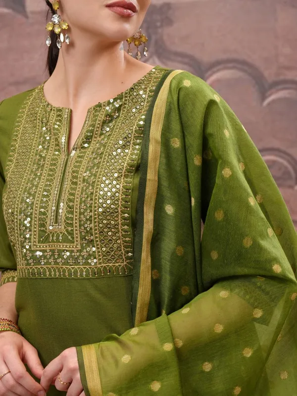 Vishudh Women Olive Embroidered Kurta With Palazzos And Dupatta