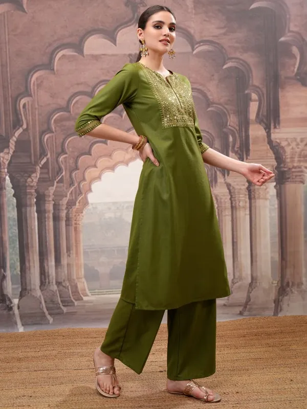 Vishudh Women Olive Embroidered Kurta With Palazzos And Dupatta