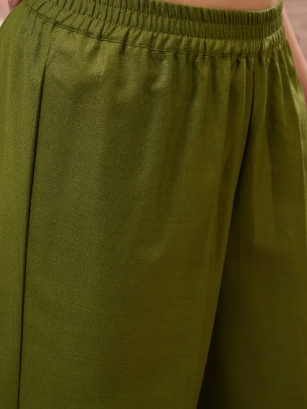 Vishudh Women Olive Embroidered Kurta With Palazzos And Dupatta