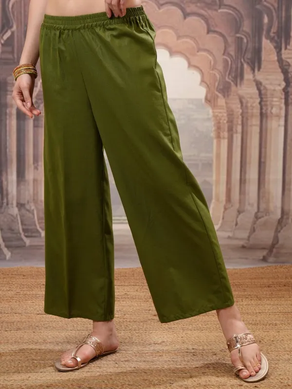 Vishudh Women Olive Embroidered Kurta With Palazzos And Dupatta