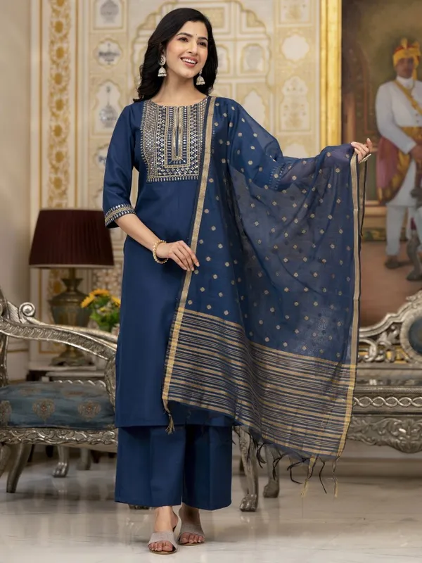 Vishudh Women Teal Embroidered Kurta With Palazzo And Dupatta