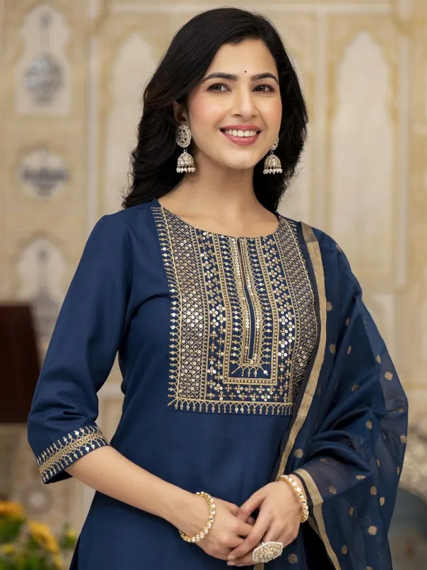 Vishudh Women Teal Embroidered Kurta With Palazzo And Dupatta