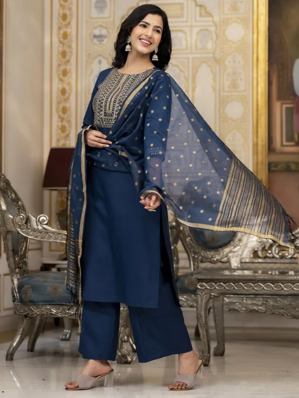 Vishudh Women Teal Embroidered Kurta With Palazzo And Dupatta