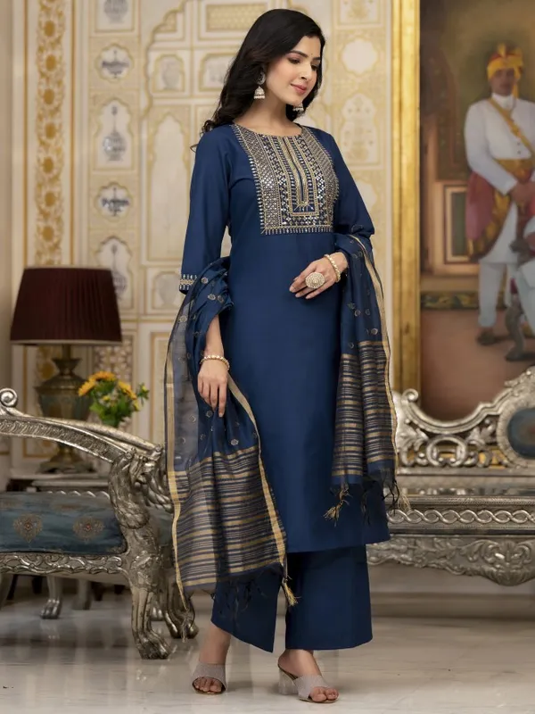 Vishudh Women Teal Embroidered Kurta With Palazzo And Dupatta