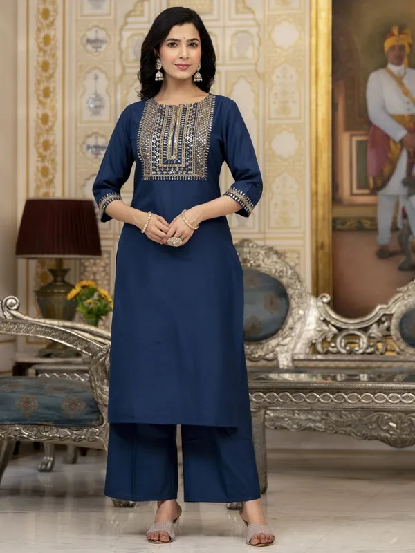 Vishudh Women Teal Embroidered Kurta With Palazzo And Dupatta