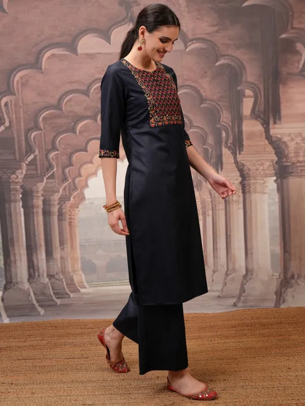 Vishudh Women Navy Blue Embroidered Kurta With Palazzos And Dupatta